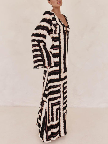 Aurohaya Bohemian Style Unique Printed V Tie Ring Maxi Dress