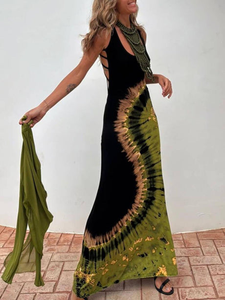 Aurohaya Unique Summer Adventures Tie-dye Print Back Lace-up Stretch Maxi Dress
