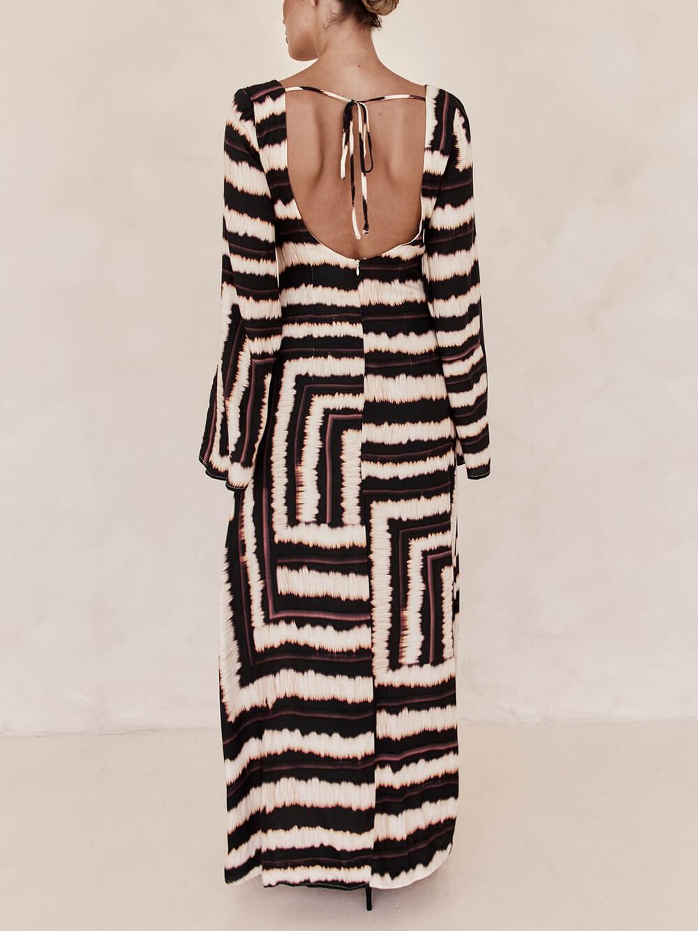 Aurohaya Bohemian Style Unique Printed V Tie Ring Maxi Dress
