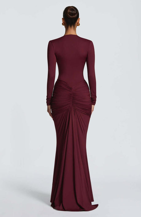 Aurohaya Eléonore Deep Plunge Ruched Mermaid Maxi Dress