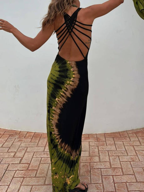 Aurohaya Unique Summer Adventures Tie-dye Print Back Lace-up Stretch Maxi Dress
