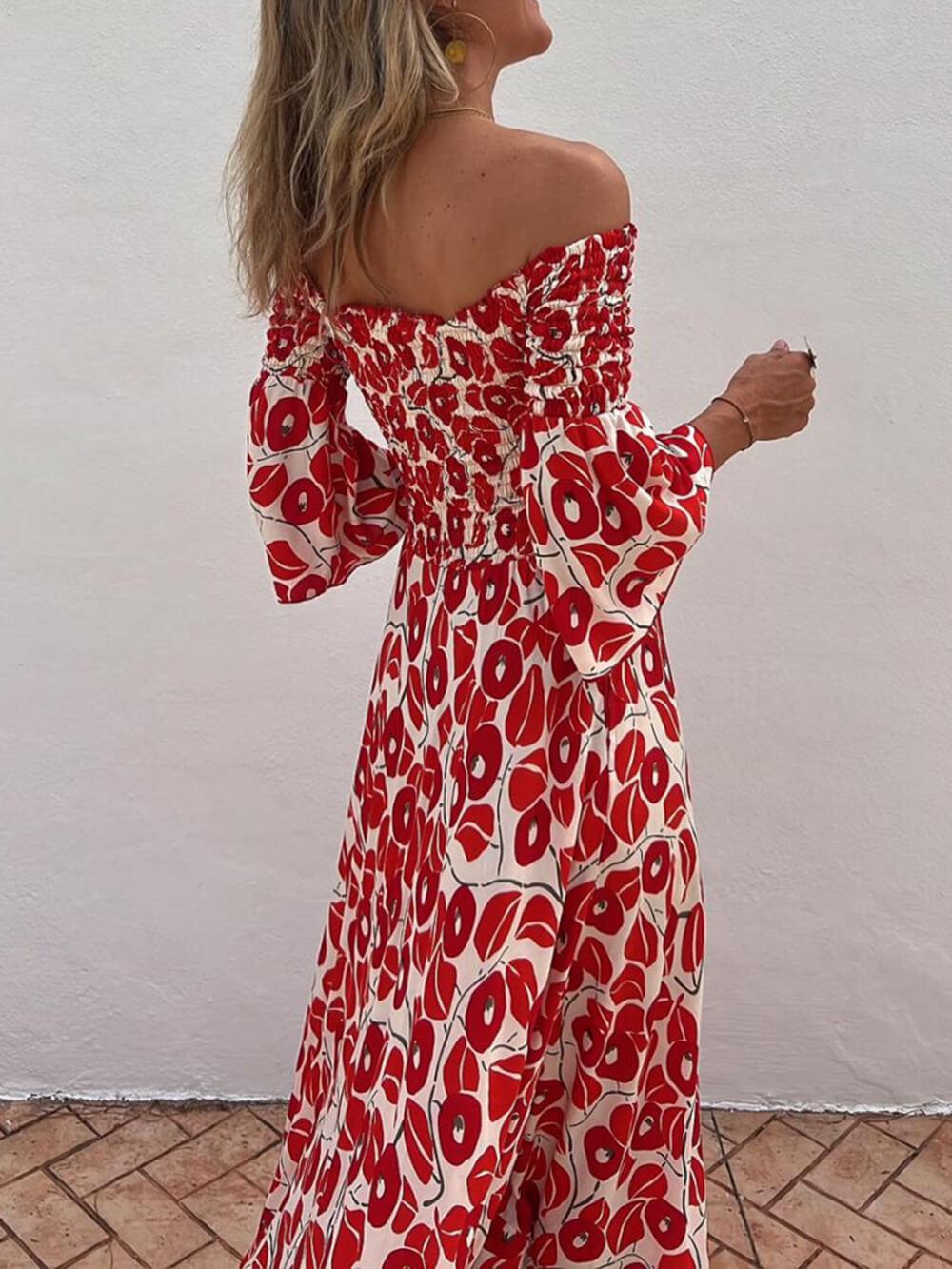 Aurohaya Floral Print Smocked Off Shoulder Pocketed Maxi Dress