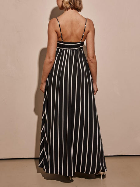 Aurohaya Classic Stripe Printed Stitching Loose Maxi Dress