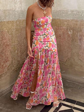 Aurohaya Romantic Strapless Floral Slit Maxi Dress Pink