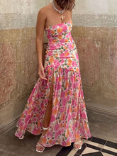Romantic Strapless Floral Slit Maxi Dress