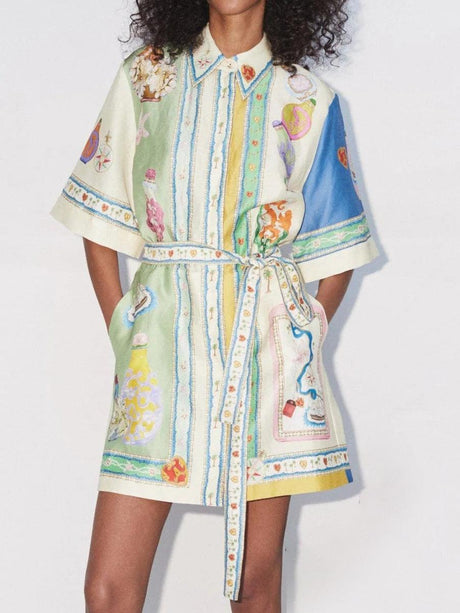 Aurohaya Unique Exquisite Oil Painting Print Lace-Up Cardigan Mini Dress Cream