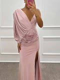 Fashion V-Neck Pleated Slit Sexy Maxi Dress