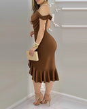 Cold Shoulder Pearls Straps Bodycon Dress Cowl Neck Asymmetrical Ruffle Hem Party Dress