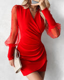 Beaded Mesh Long Sleeve Dress V-Neck Ruched Mini Cocktail Party Dress
