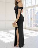 Cold Shoulder Pearls Strap Cowl Neck Evening Bodycon Dress Elegant High Slit Fishtail Maxi Dress
