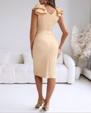 Bowknot Decor Deep V-Neck Sleeveless Slit Party Dress Ruched Zipper Back Slim Fit Midi Dress