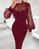 Mock Neck Sheer Mesh Spliced Beaded Bodycon Dress Zipper Back Slit Party Dress