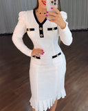 Button Decor Contrast Paneled V-Neck Puff Sleeve Zipper Back Commuting Dress Pockets Design Pleated Hem Tweed Dress