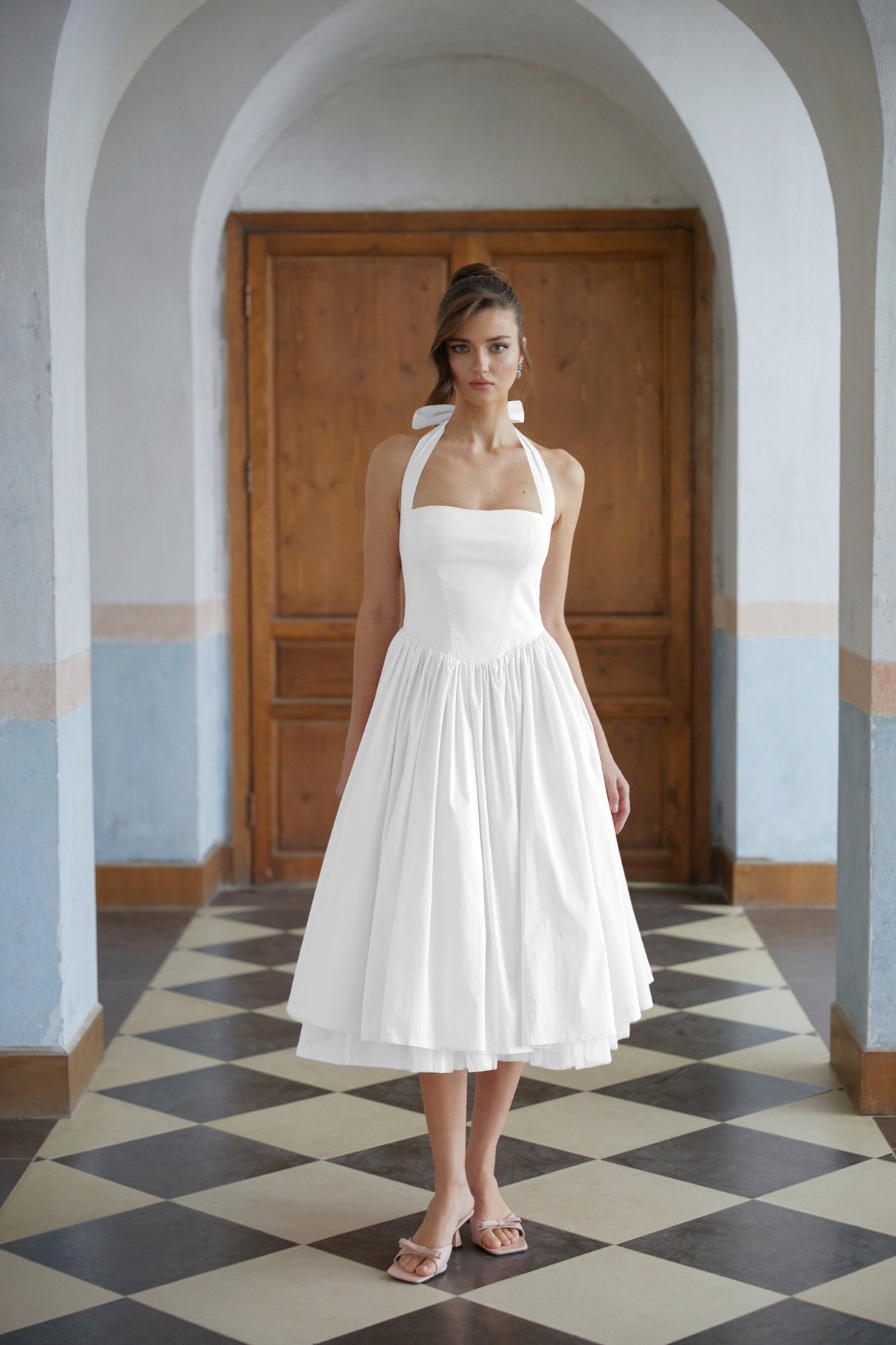 Aurohaya Eponine White Layered Flared Hem Midi Dress