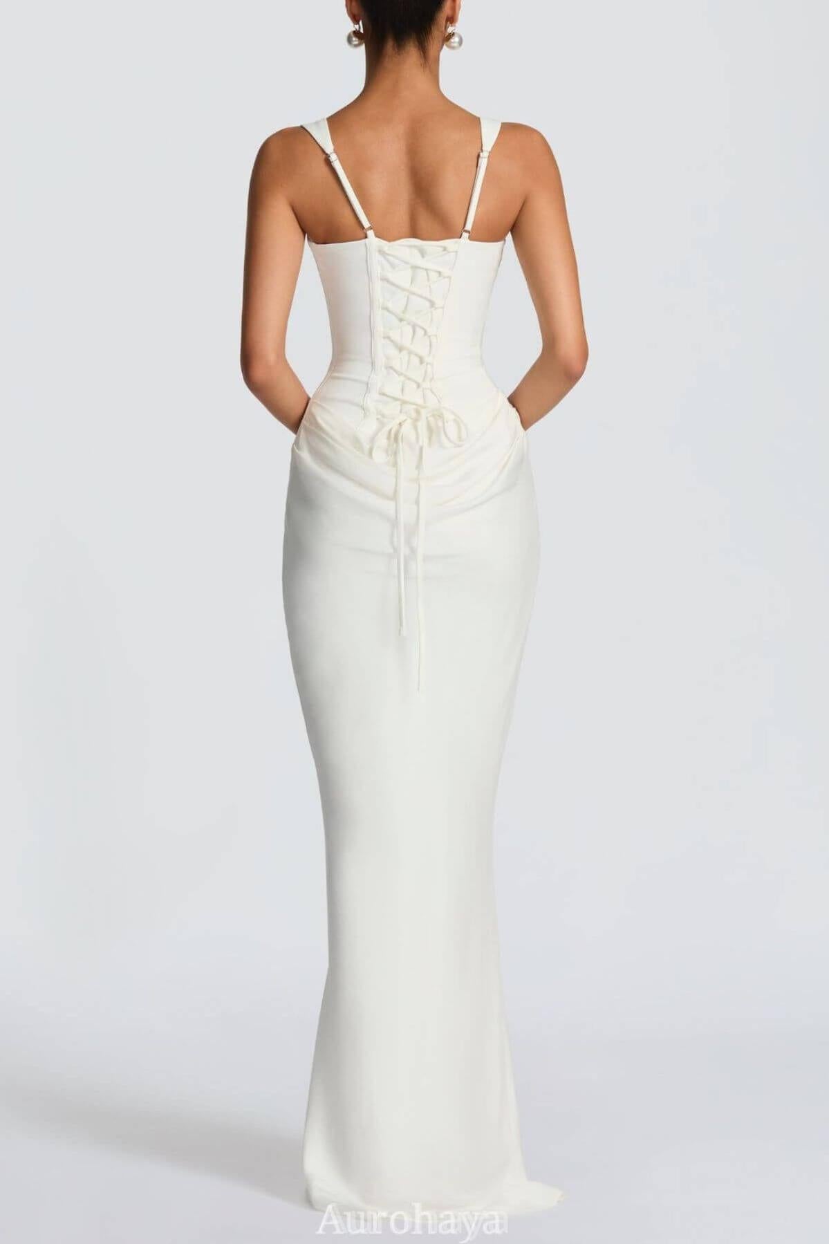 Aurohaya Corset Maxi Dress Square Neck - Boned Crepe Bodice & Cowl Skirt