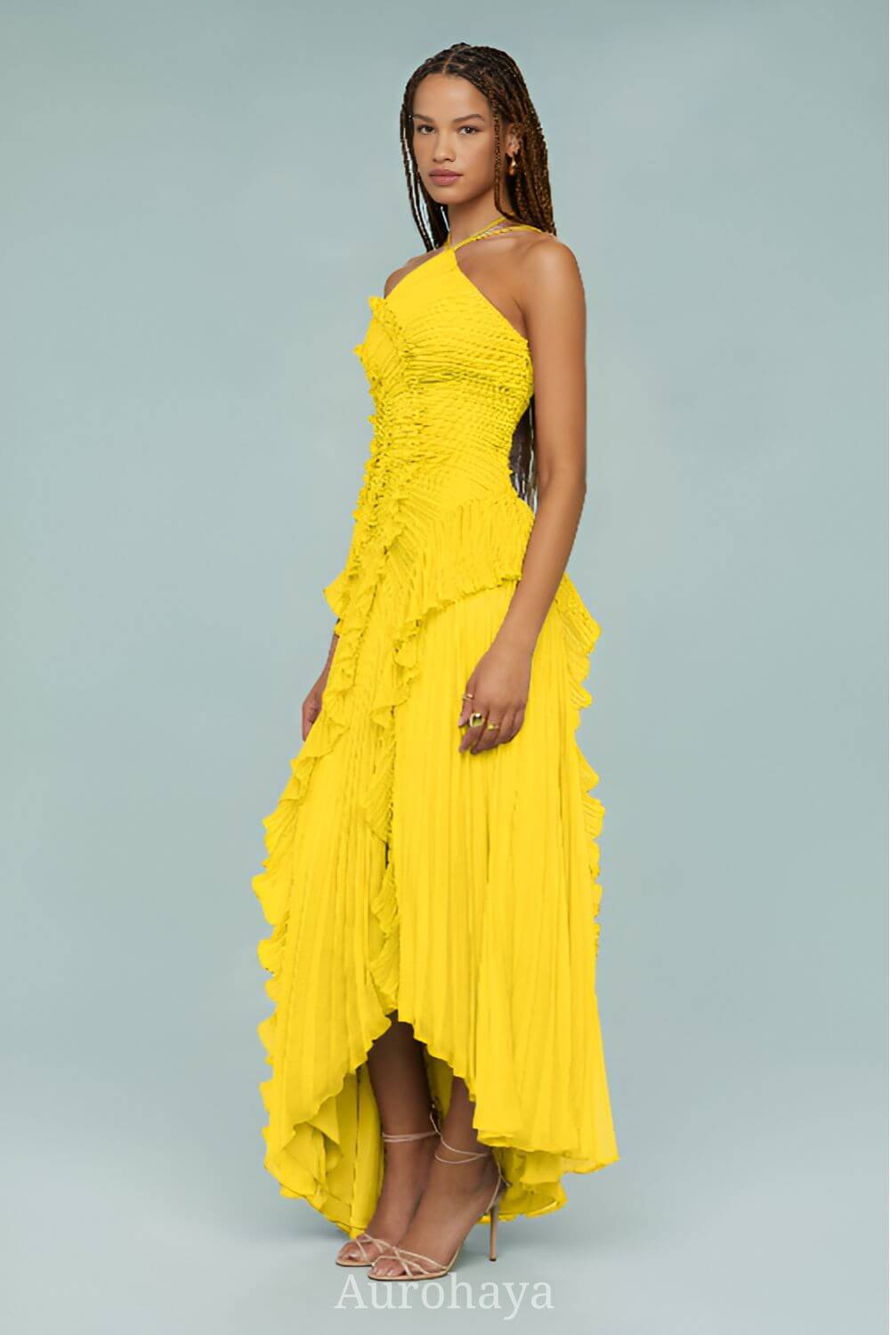 Aurohaya Véronique Ruffle Halter-Neck Pleated Maxi Dress