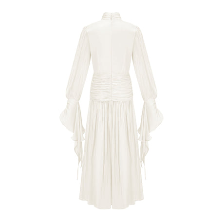 Aurohaya Sarolta Neutral Glossy Ruched Maxi Dress