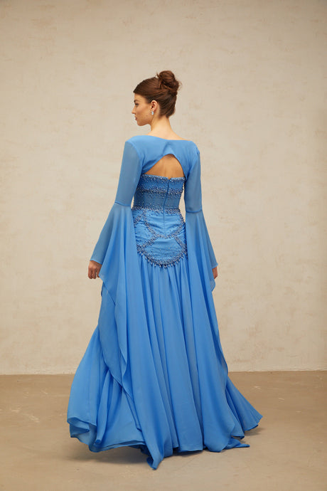 Aurohaya Gaëlle Blue Faux-pearl-embellished Pleated Maxi Dress