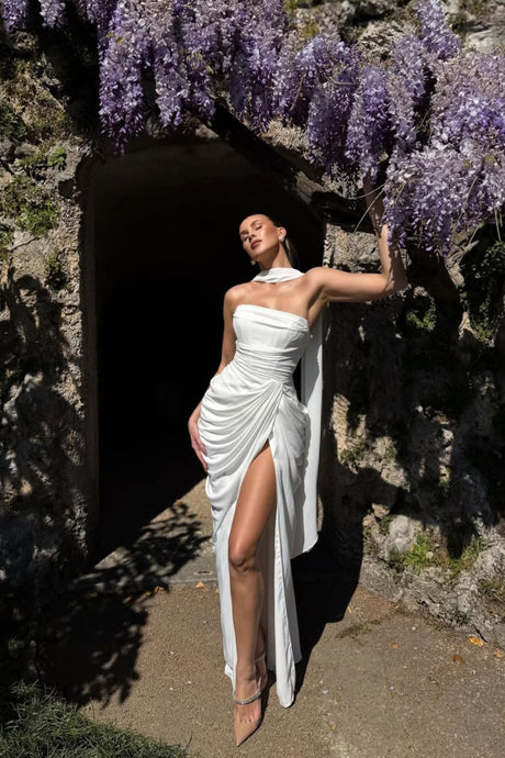 Azalée Strapless Draped High-Slit Maxi Dress / White