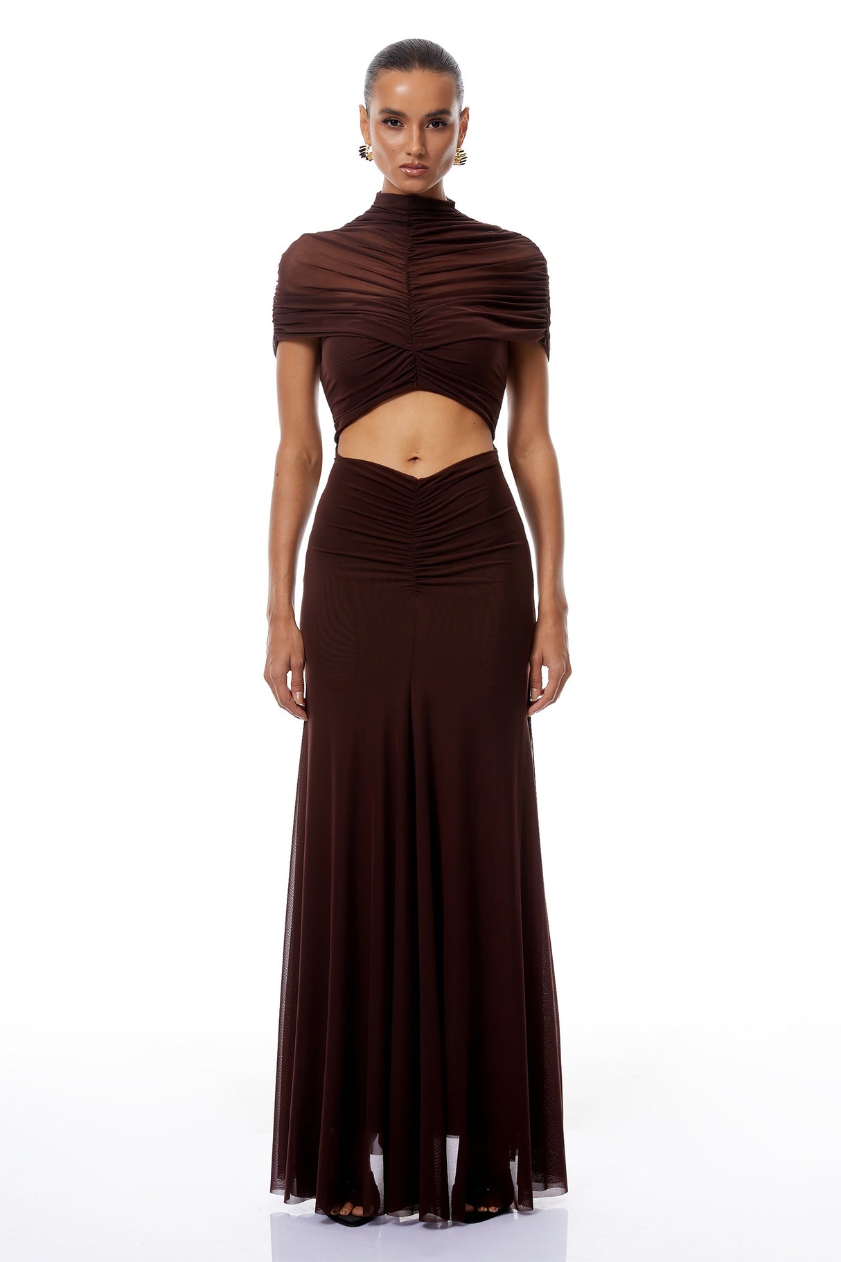 Aurohaya Bruna Cut-Out Ruched Mesh Maxi Dress