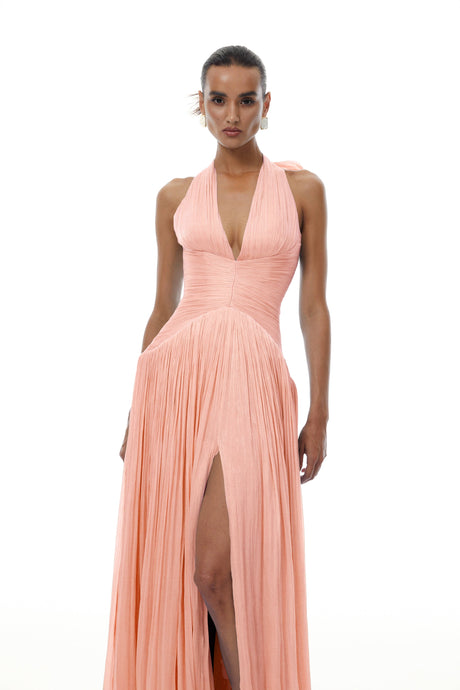 Aurohaya Térébenthine Pink Glossy Gathered Maxi Dress