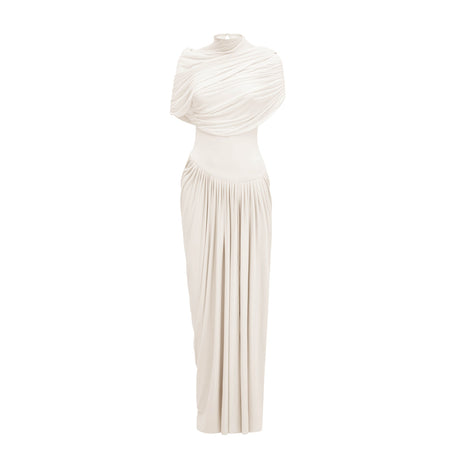 Aurohaya Catherine White Asymmetrical Pleated Maxi Dress