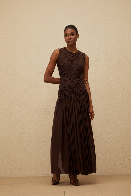 Aurohaya Daphné Brown Asymmetrical Braided Tulle Midi Dress