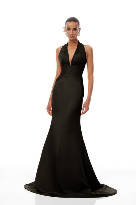 Aurohaya Emmeline Black Train Design Gathered Maxi Dress