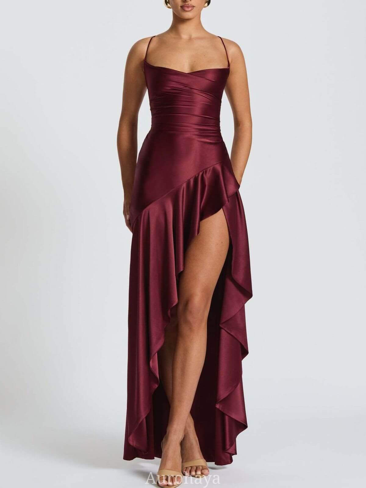 Aurohaya Delphine Spaghetti-Strap Ruffle Maxi Dress Wine red