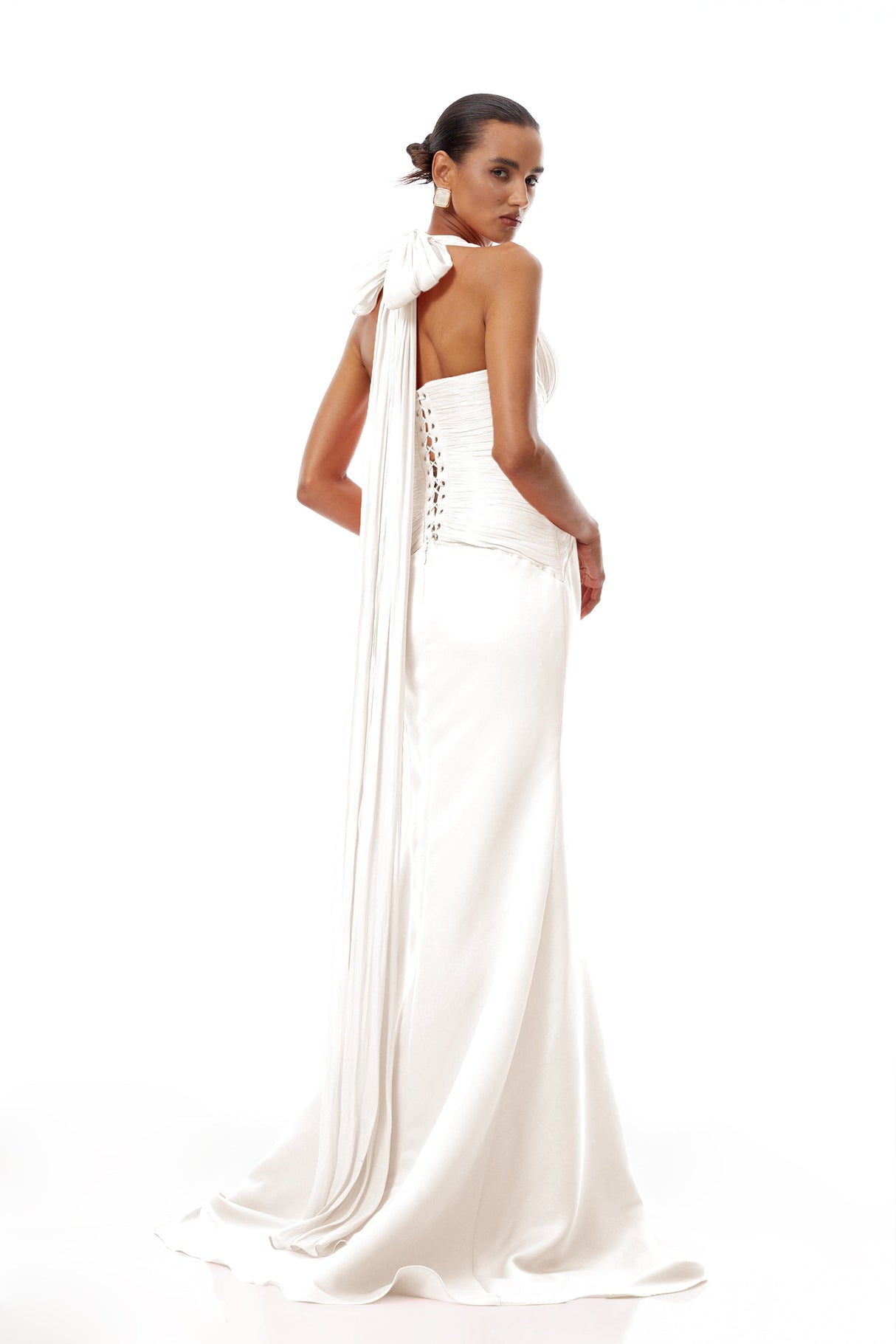 Aurohaya Emmeline White Train Design Gathered Maxi Dress