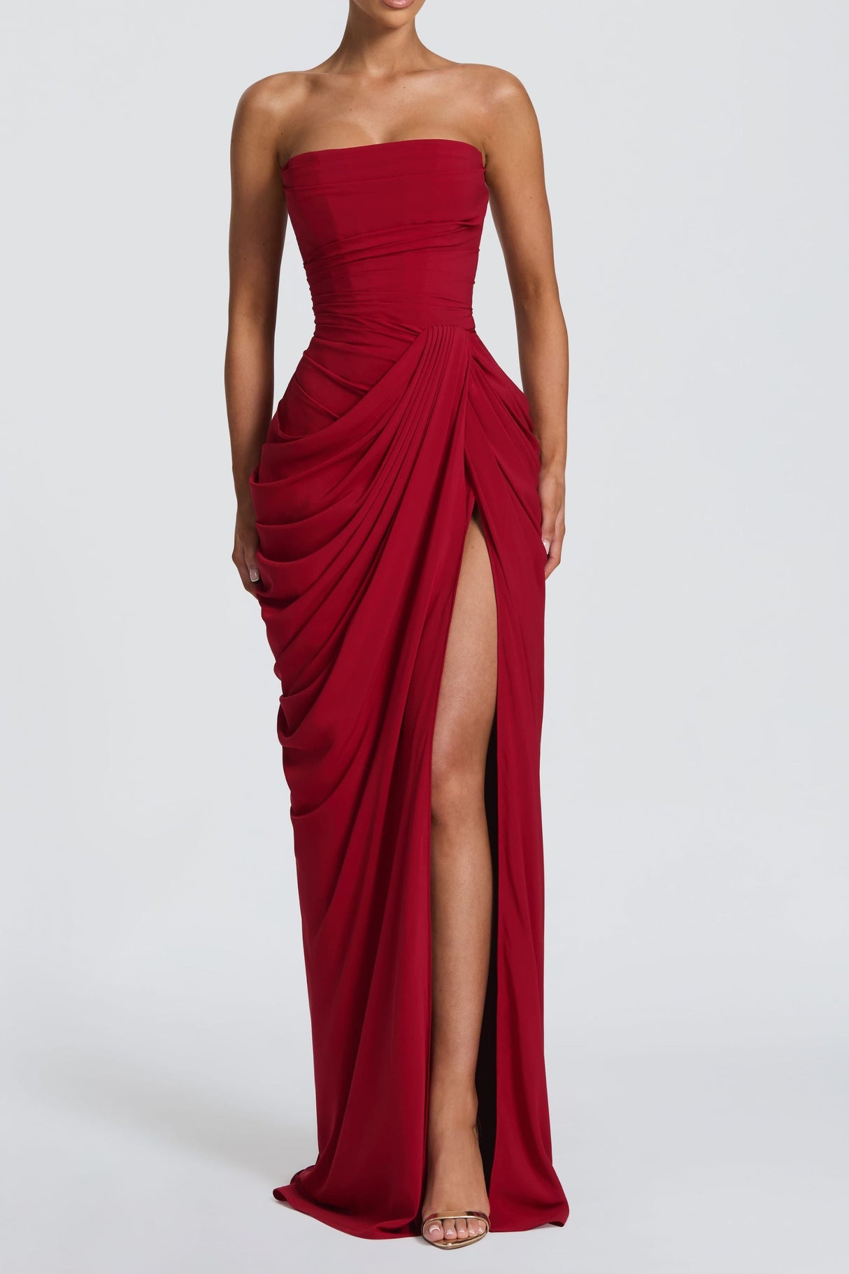 Azalée Strapless Draped High-Slit Maxi Dress / Red