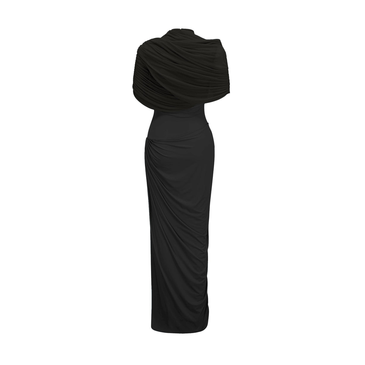 Aurohaya Catherine Black Asymmetrical Pleated Maxi Dress