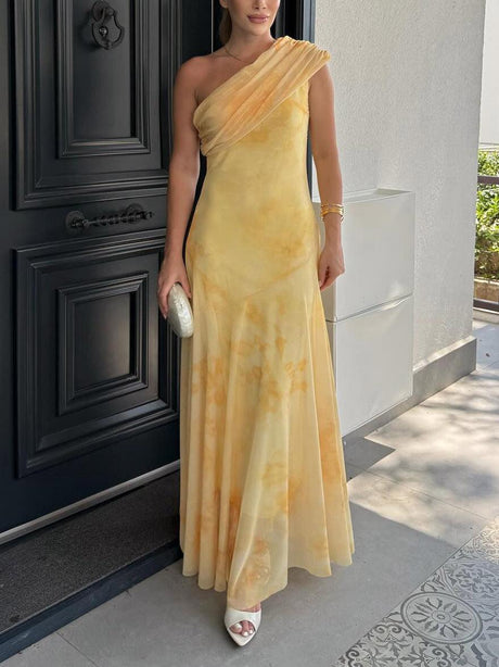 Aurohaya Tie-Dye Mesh Print One-Shoulder Sleeve Maxi Dress