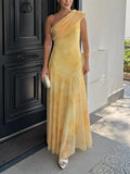 Tie-Dye Mesh Print One-Shoulder Sleeve Maxi Dress
