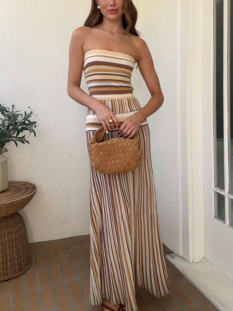 Aurohaya Exquisite Strapless Striped Printed Pleated Maxi Dress Multicolor