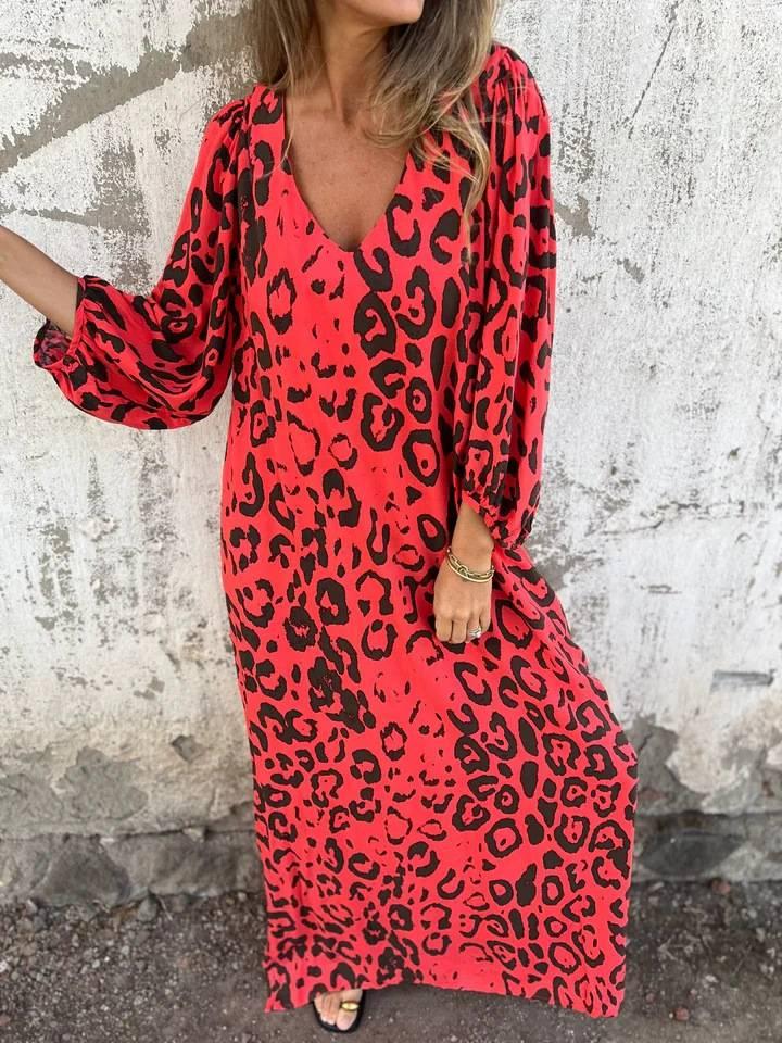 Aurohaya Leopard Print V-neck Pullover Long-sleeved Loose Dress Red
