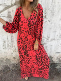 Aurohaya Leopard Print V-neck Pullover Long-sleeved Loose Dress Red