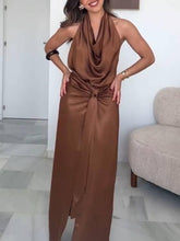 Aurohaya Swing Collar Slit Dress Brown