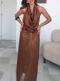 Aurohaya Swing Collar Slit Dress Brown