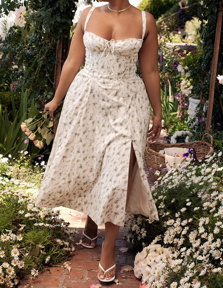 Aurohaya Rose Print Herringbone Slip Dress