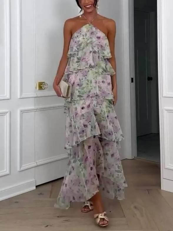 Aurohaya Halter Neck Multi-Layered Ruffle Floral Print Dress