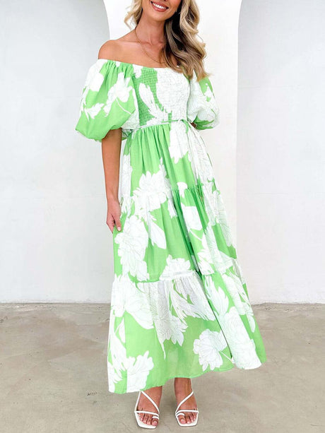 Aurohaya Unique Floral Print Patchwork Up Pleated Maxi Dress