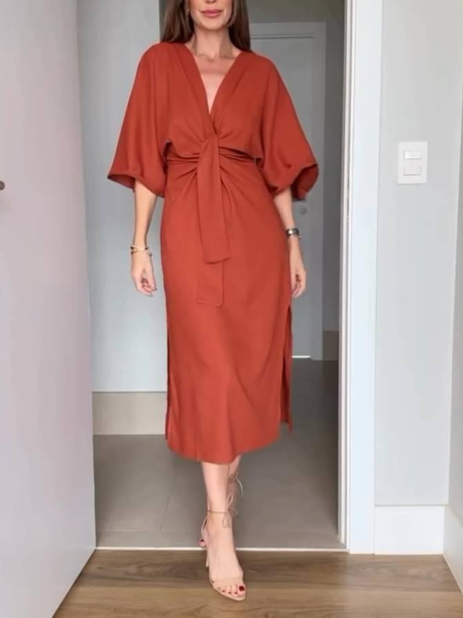 Aurohaya Bat Sleeve Lace-Up Dress Orange Brown