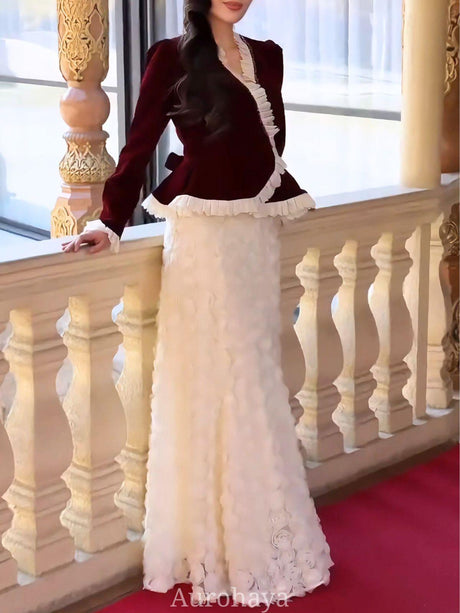Aurohaya Velvet Ruffle Evening Dress Set — Peplum Blazer & Floral Mermaid Skirt