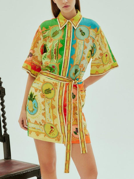 Aurohaya Exquisite Satin Fun Print Mini Dress Multi-Color