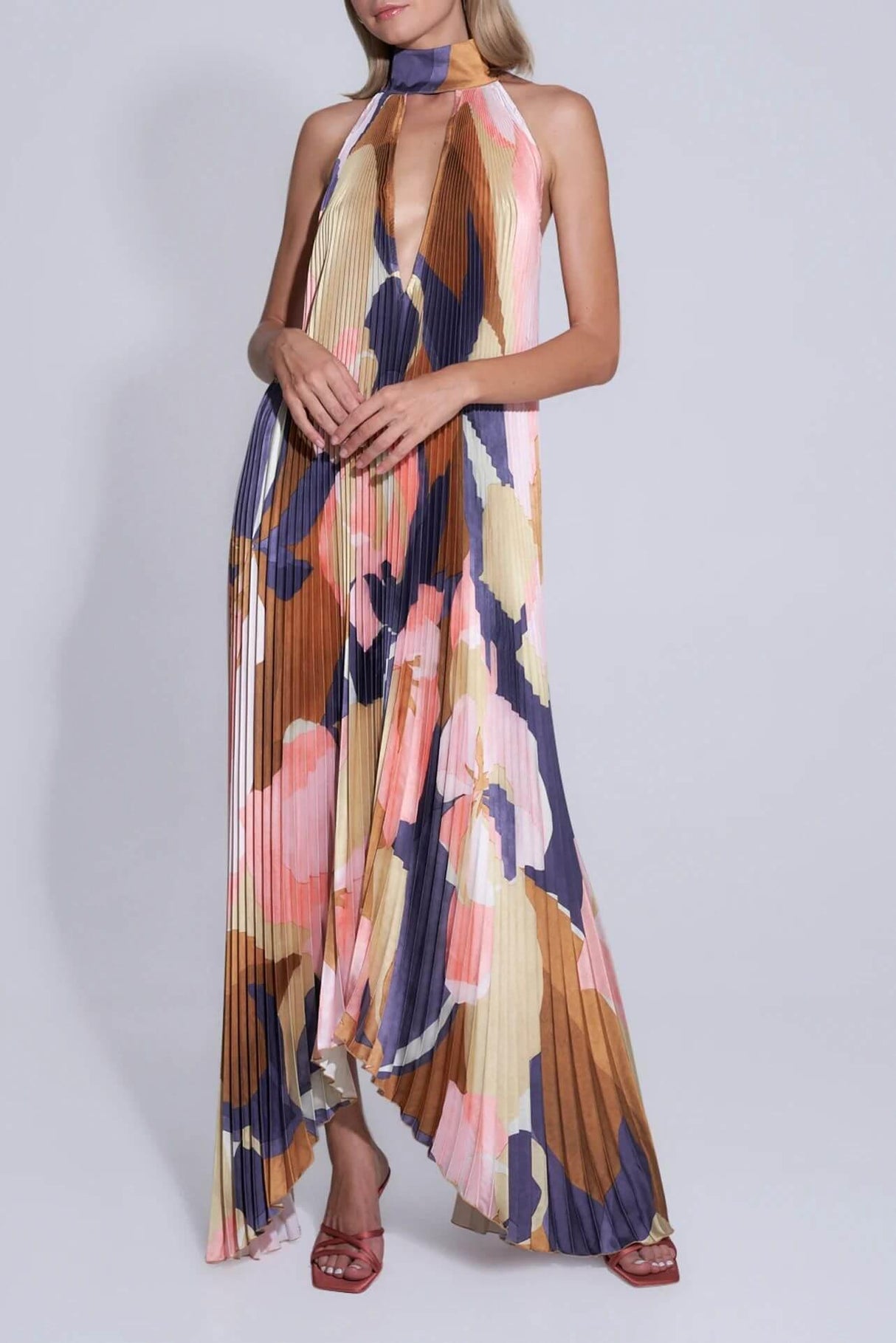 Aurohaya Stylish Pleated Halterneck Strappy Backless Midi Dress