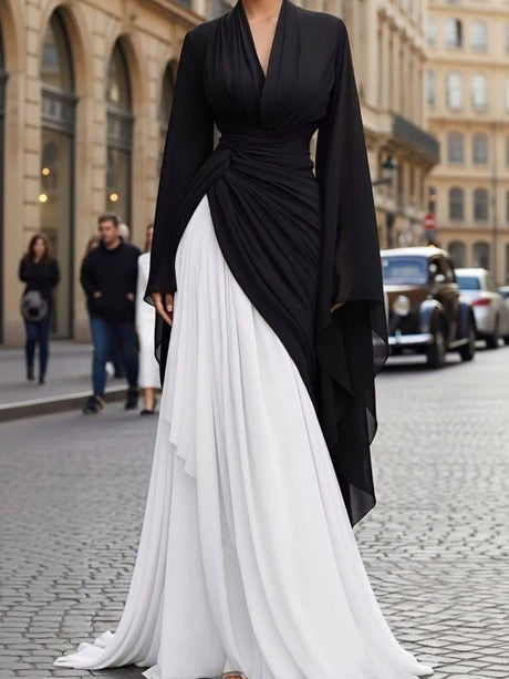 Aurohaya V-neck High-waisted A- Line Maxi Dress Black White