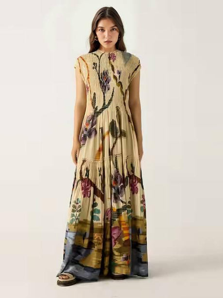 Aurohaya Pleated Print Maxi Dress Printed