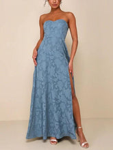 Aurohaya Evening Gown Strapless Slim Fit Slit Maxi Dress Blue