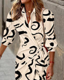Abstract Print Turn-down Collar Tied Detail Ruched Dress Casual Wrap Front Vacation Dress